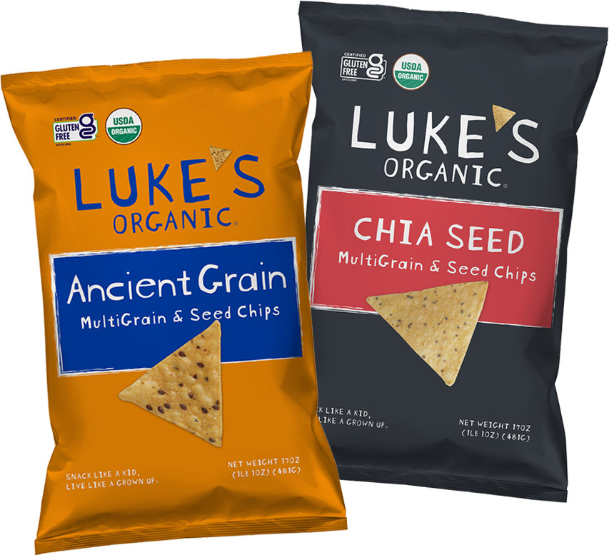 two bags of Luke's Organic Ancient Grain and Chia Seed multigrain & seed chips