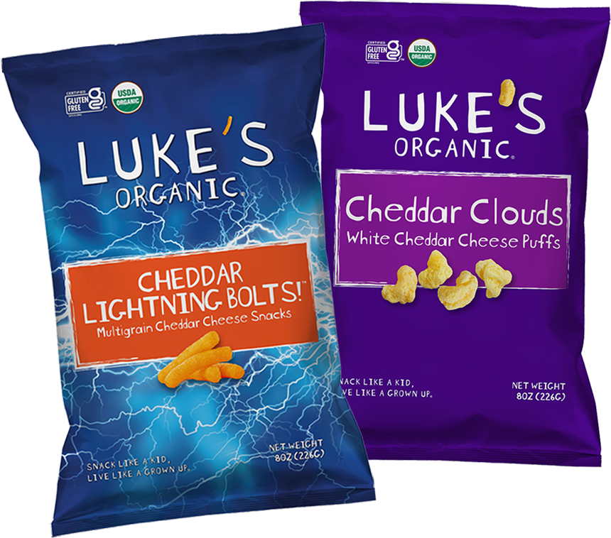 two bags of Luke's Organic Cheddar Lightning Bolts multigrain cheddar cheese snacks and Cheddar Clouds white cheddar cheese puffs