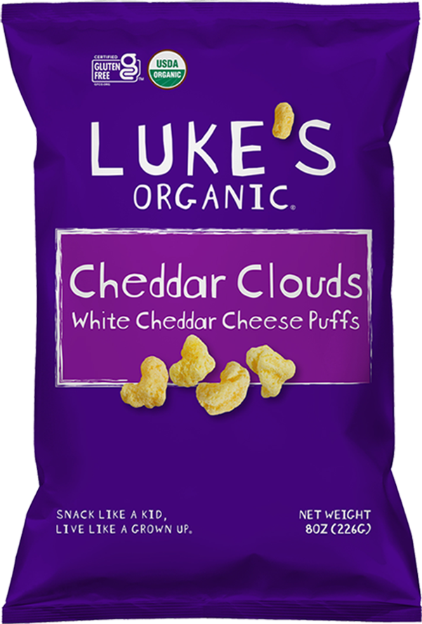 Luke's Organic Cheddar Clouds white cheddar cheese puffs bag