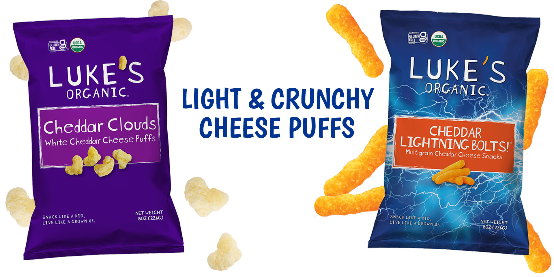 Delicious Organic Cheese Puffs with two Luke's Organic cheddar bags